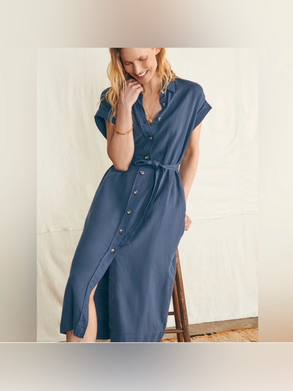 Faherty Indigo Button-Front Tie-Waist Midi Dress